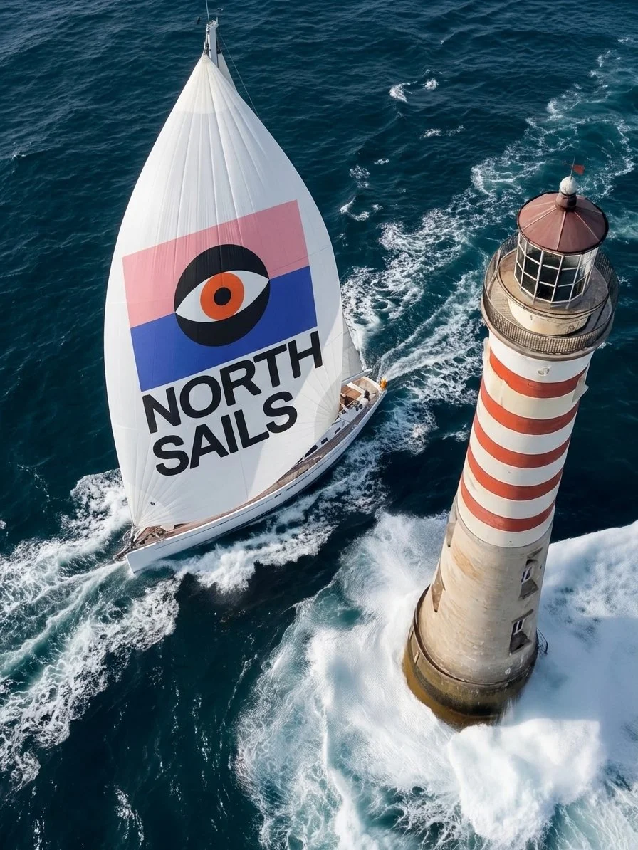 A sailboat with a large sail displaying the 'North Sails' logo and a lighthouse emitting waves in the ocean.